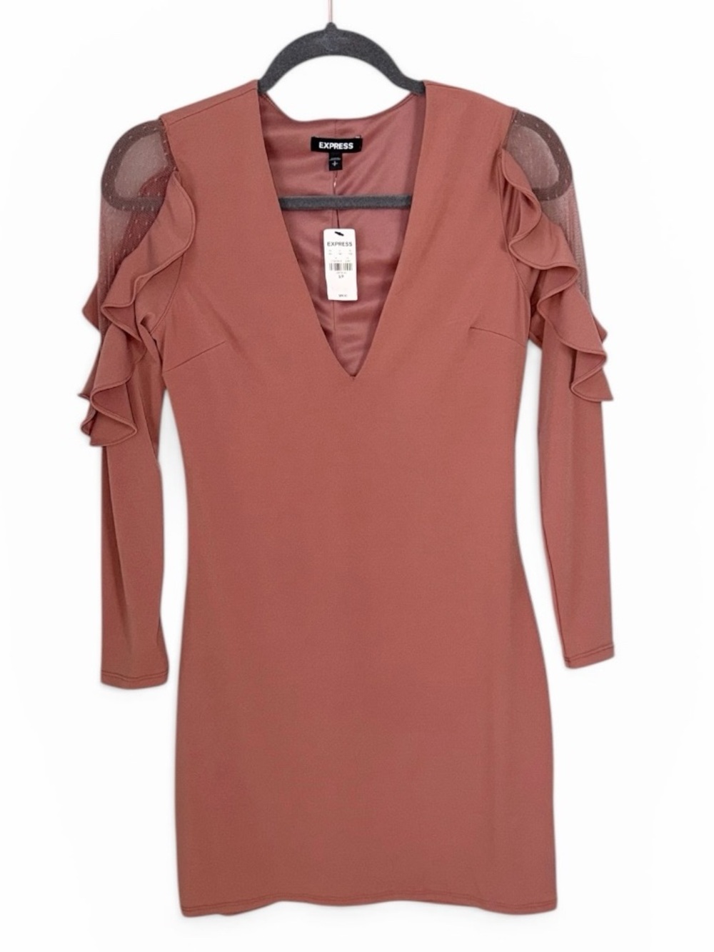 Express Dusty Rose V-Neck Ruffle Sleeve Long Sleeve Dress